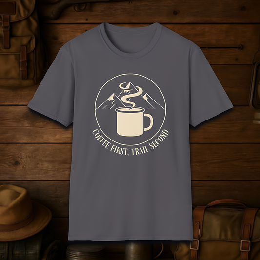 Coffee First, Trail Second – Outdoor Hiking & Coffee Lover T-Shirt