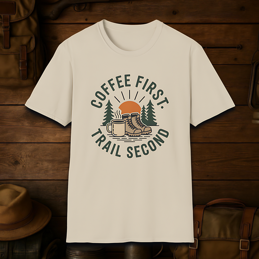 ☕ Coffee First, Trail Second — Outdoor Lifestyle T-Shirt