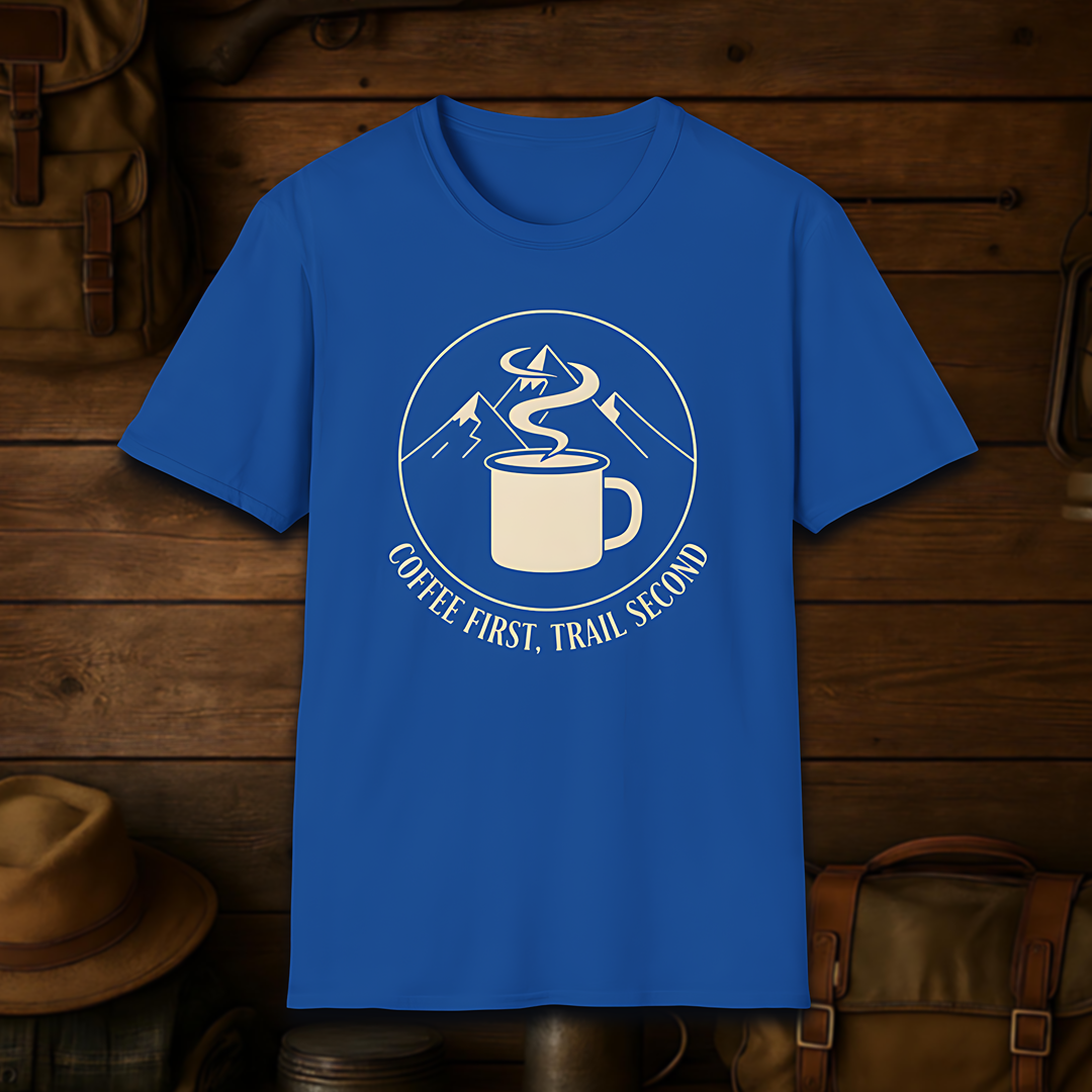 Coffee First, Trail Second – Outdoor Hiking & Coffee Lover T-Shirt