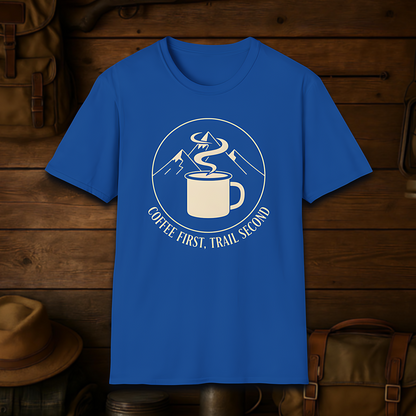 Coffee First, Trail Second – Outdoor Hiking & Coffee Lover T-Shirt