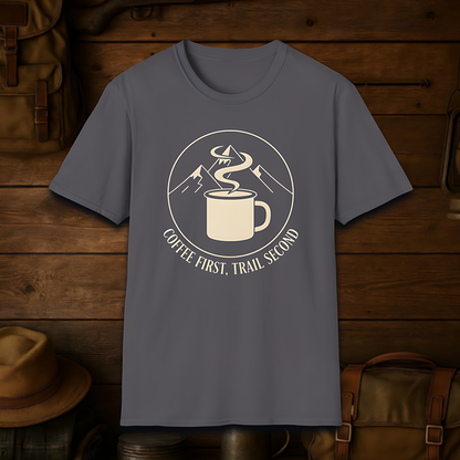 Coffee First, Trail Second – Outdoor Hiking & Coffee Lover T-Shirt