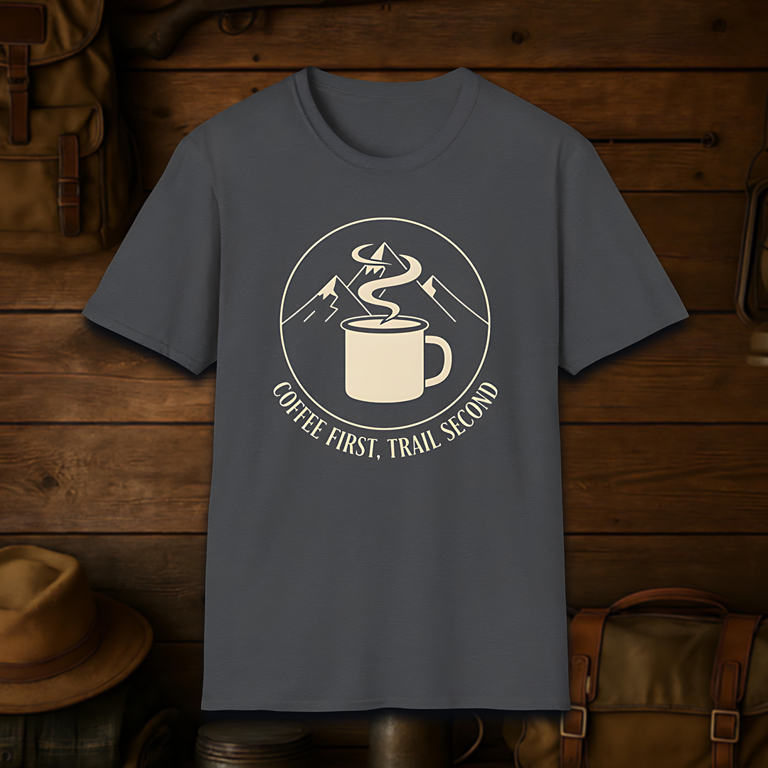 Coffee First, Trail Second – Outdoor Hiking & Coffee Lover T-Shirt