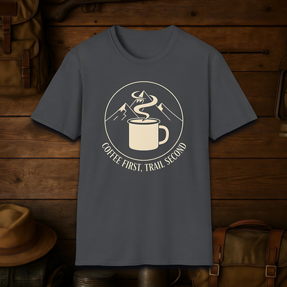 Coffee First, Trail Second – Outdoor Hiking & Coffee Lover T-Shirt