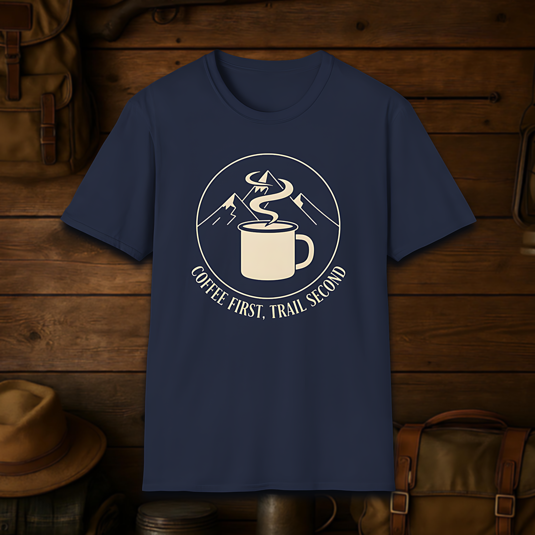 Coffee First, Trail Second – Outdoor Hiking & Coffee Lover T-Shirt