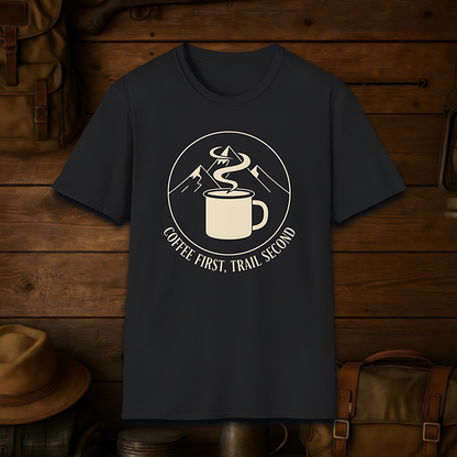 Coffee First, Trail Second – Outdoor Hiking & Coffee Lover T-Shirt