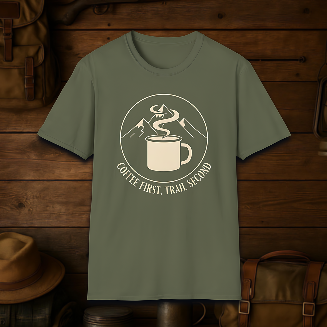 Coffee First, Trail Second – Outdoor Hiking & Coffee Lover T-Shirt