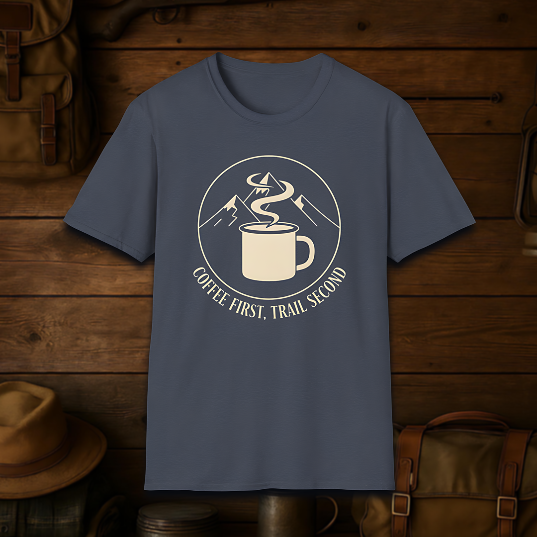 Coffee First, Trail Second – Outdoor Hiking & Coffee Lover T-Shirt
