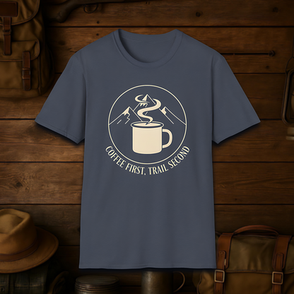 Coffee First, Trail Second – Outdoor Hiking & Coffee Lover T-Shirt